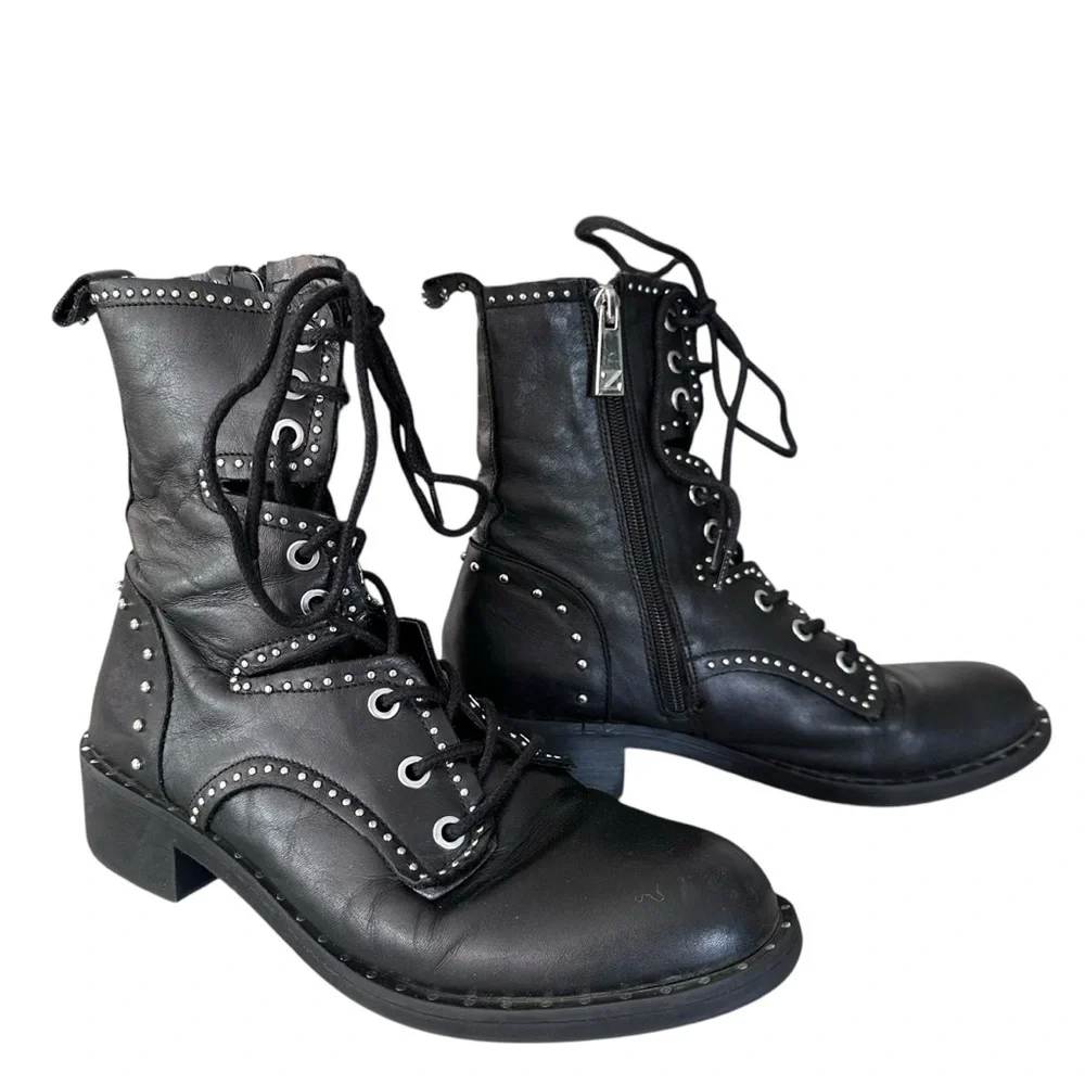 Zara Black Leather Lace Up Biker Chelsea Studded Punk Goth Ankle Boots Size 37 - Picture 2 of 15